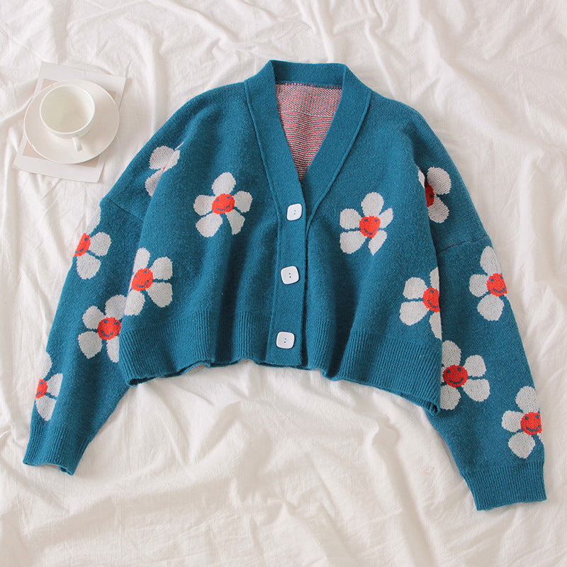 Damen Kürzer Strickcardigan mit floralen Motiven und Knopfdetails R&B