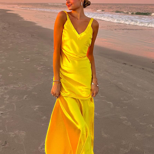 Damen Sommerliches Maxikleid mit elegantem V-Ausschnitt und fließender Silhouette R&B