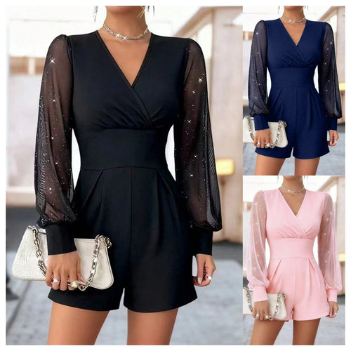 Damen eleganter Jumpsuit mit transparenten Puffärmeln und V-Ausschnitt R&B