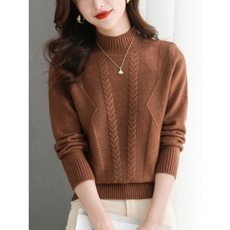 Damen Grobstrickpullover mit elegantem Zopfmuster und hohem Kragen R&B