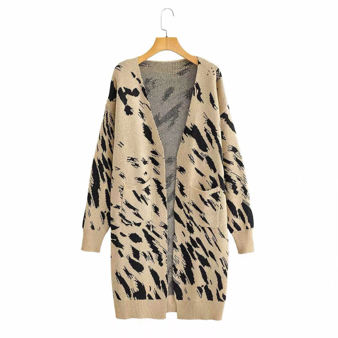Damen Grobstrick-Cardigan mit modischem Leopardenmuster und praktischen Taschen R&B