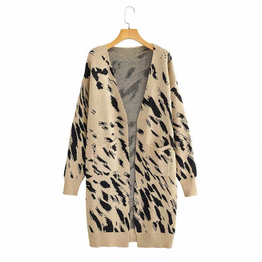 Damen Grobstrick-Cardigan mit modischem Leopardenmuster und praktischen Taschen R&B