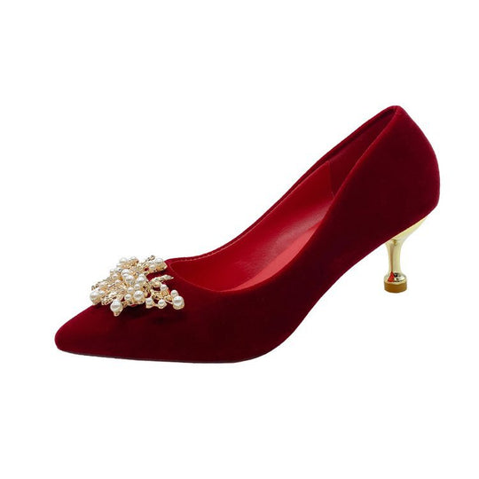 Damen elegante Velours-Pumps mit luxuriösem Perlen-Schmuckdetail R&B