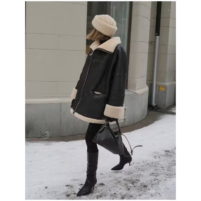 Damen Kunstlederjacke mit gemütlichem Teddyfutter und praktischen Taschen R&B