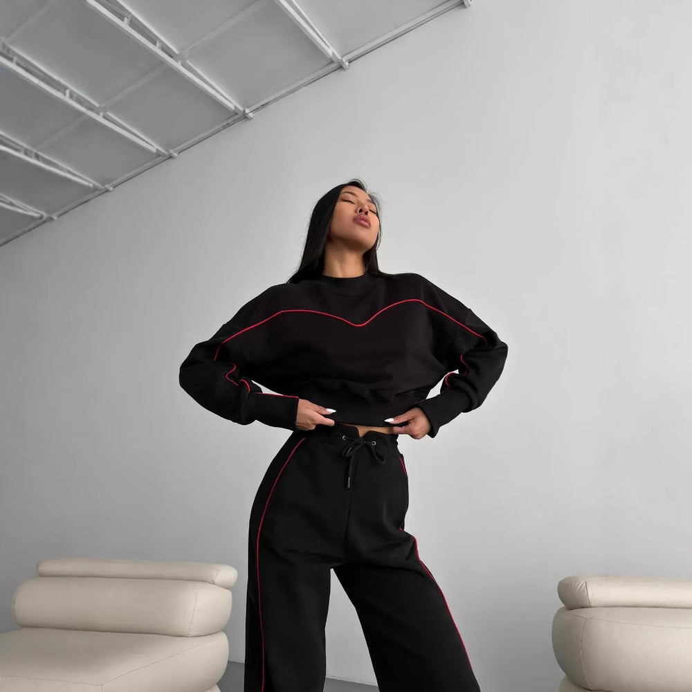 Damen lässiges Fleece-Set mit gemütlichem cropped Oberteil und weiten Hosen R&B