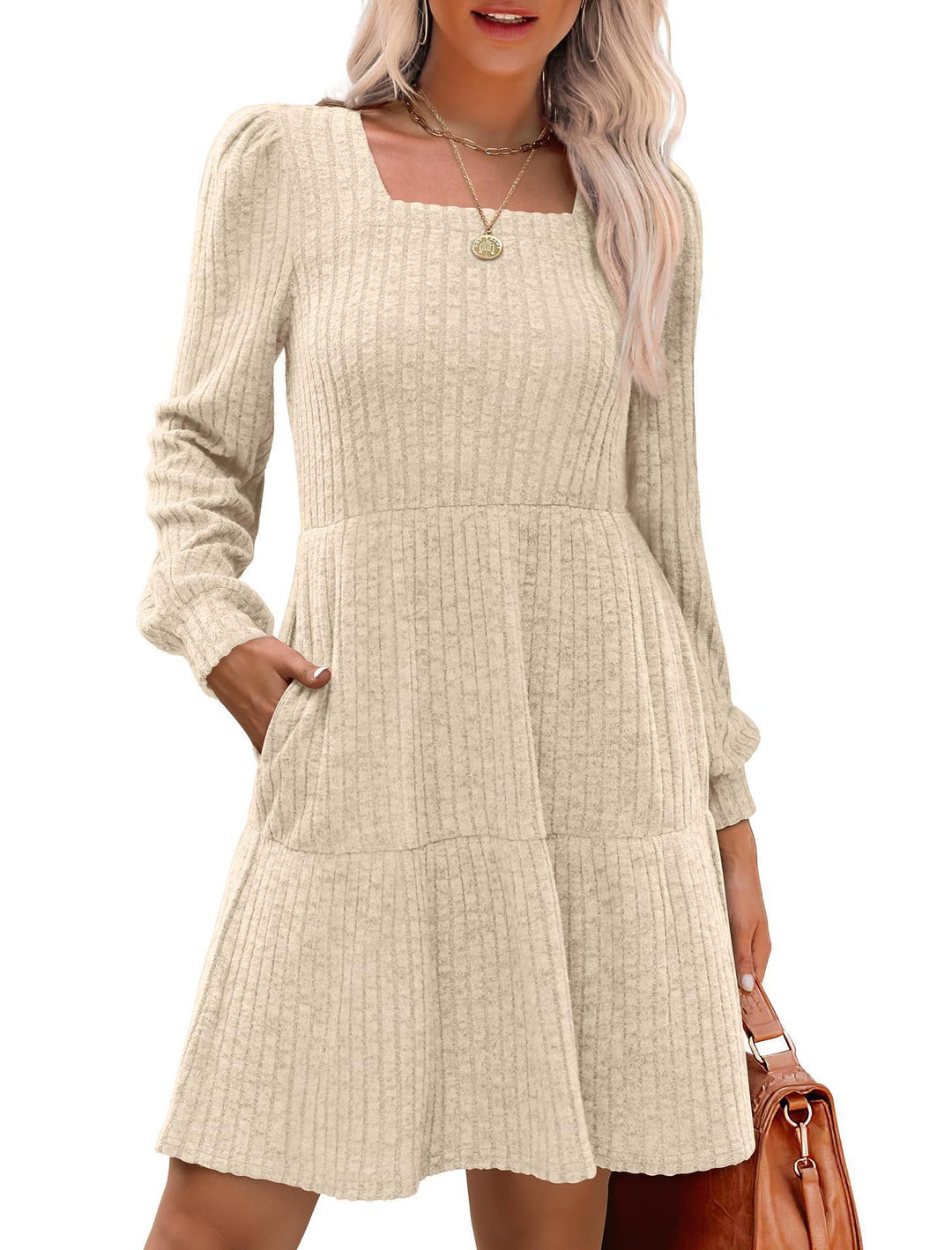 Damen Strickkleid mit modischem Quadrat-Ausschnitt und fließendem Rock R&B