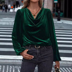 Damen elegante Bluse aus samtigem Material mit Drapé-Ausschnitt R&B