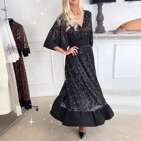 Damen nan schimmerndes Abend-Maxikleid mit Kimonoärmeln und taillenbetontem Bund R&B