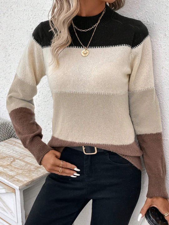 Damen modischer Strickpullover mit trendigem Blockstreifen und steigendem Kragen R&B