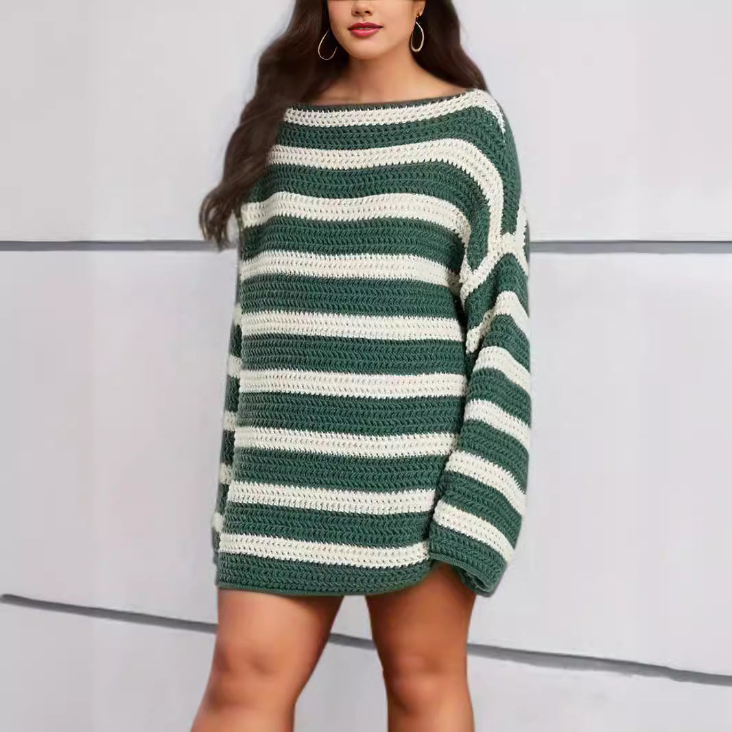 Damen lässiger gehäkelter Pullover mit modernen Blockstreifen R&B
