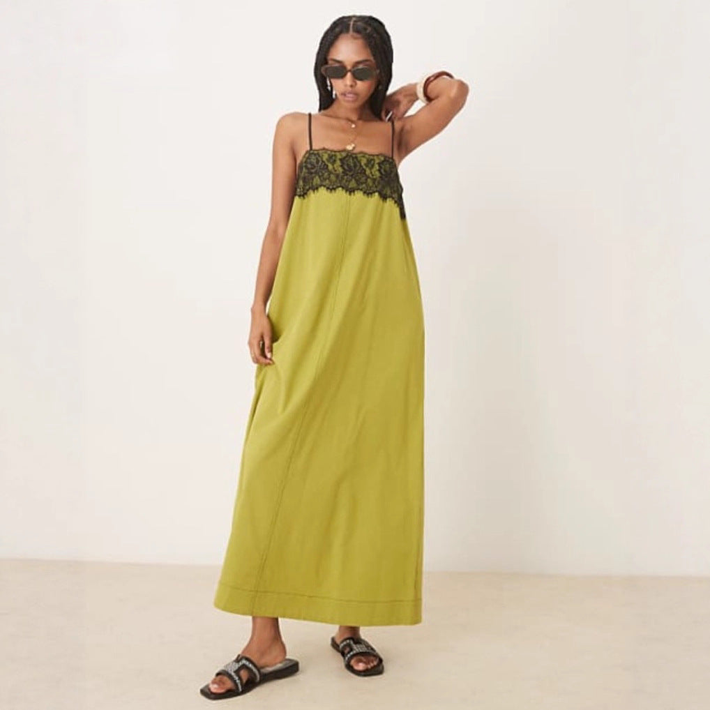 Damen nan nachtwäscheinspiriertes Maxikleid mit Spitzenbustier und schmalen Spaghettiträgern R&B