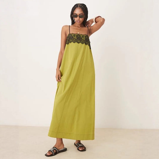 Damen nan nachtwäscheinspiriertes Maxikleid mit Spitzenbustier und schmalen Spaghettiträgern R&B