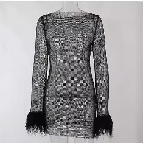 Damen Glitzerndes Minikleid mit schimmernden Pailletten und glamourösen Federärmeln R&B