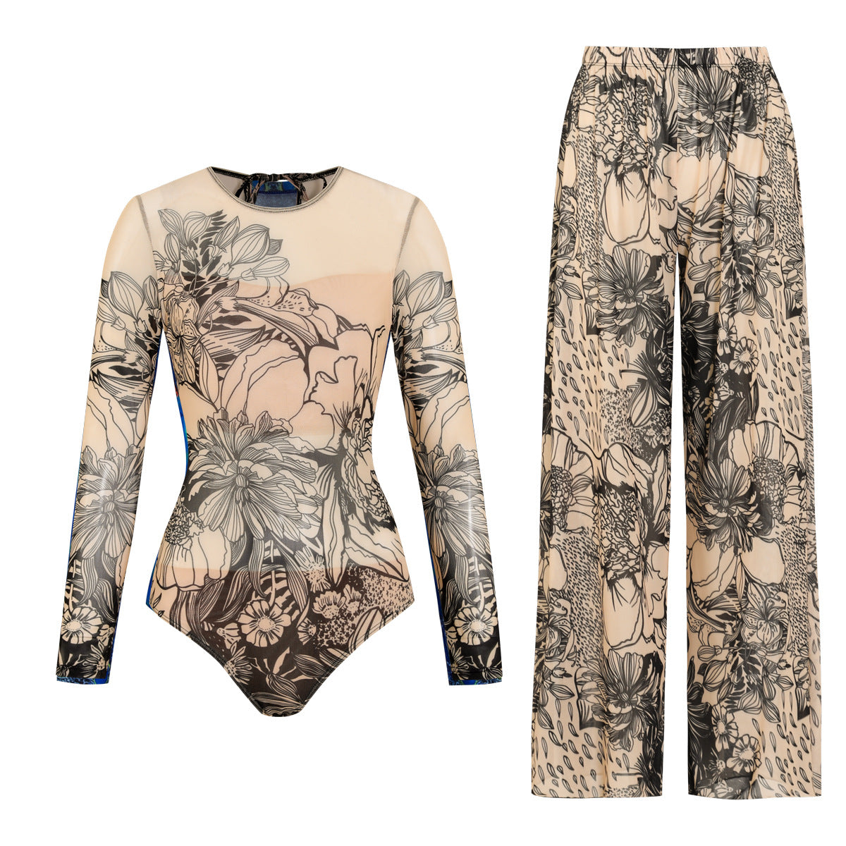 Damen Einteiler Badeanzug mit floralem Design und modischen Langarmhosen R&B