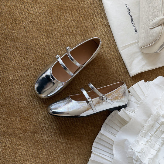 Damen Elegante Ballerinas mit doppeltem Riemchen aus hochwertigem Metallic-Leder R&B