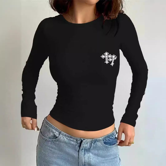 Damen figurbetontes Langarmtop mit stylischem Logo R&B