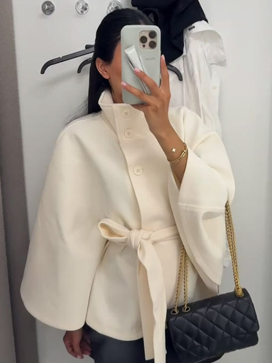 Damen Kapuzenmantel mit modischem Gürtel und voluminösen Ärmeln R&B