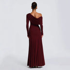 Damen Elegantes Langarm-Maxikleid mit asymmetrischem Drapierungsdetail EB