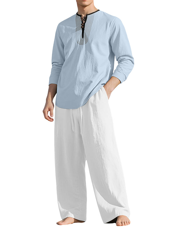 Herren nan Tunika- und Palazzohose-Set mit Henley-Blende, Zierstickerei und weitem Schnitt R&B