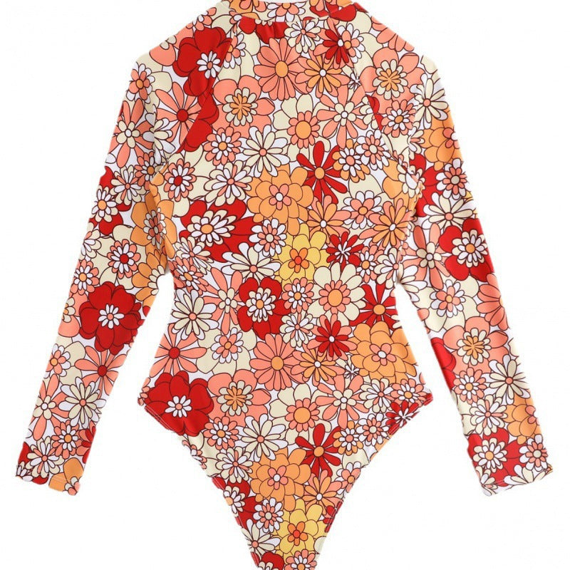 Damen Langarm-Badeanzug mit floralem Design und herausziehbarem Reißverschluss R&B