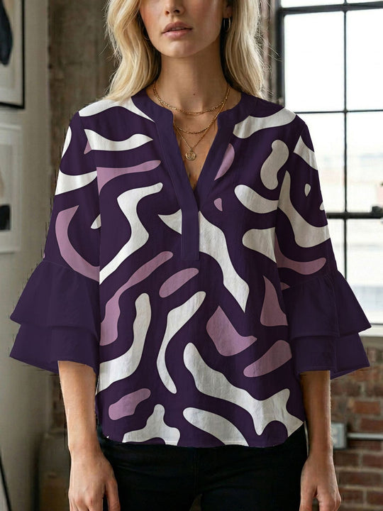Damen Blusenshirt mit voluminösen Ärmeln und kreativem Druckdesign R&B