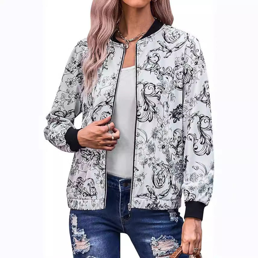 Damen Bomberjacke mit floralen Motiven und elastischen Bündchen R&B