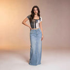 Damen Maxi-Denim-Rock mit hohem Bund und fransigem Saum