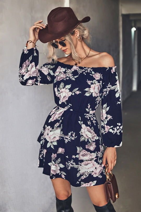 Damen Off-Shoulder Minikleid mit floralem Druck und Rüschensaum R&B