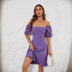 Damen Off-Shoulder Kleid mit Puffärmeln und schwingendem Rock R&B