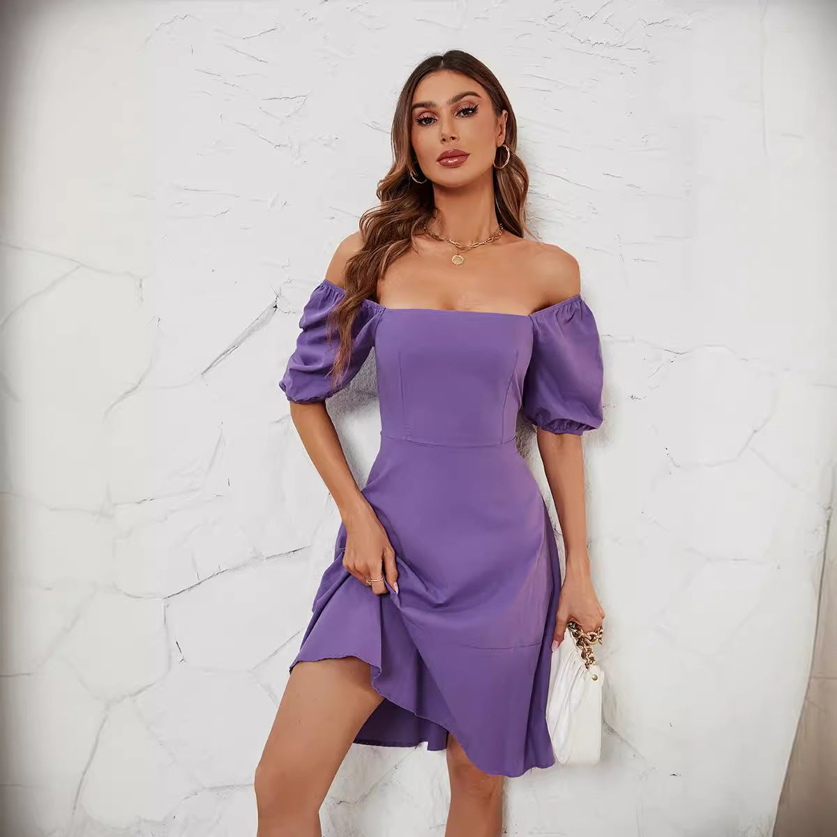 Damen Off-Shoulder Kleid mit Puffärmeln und schwingendem Rock R&B