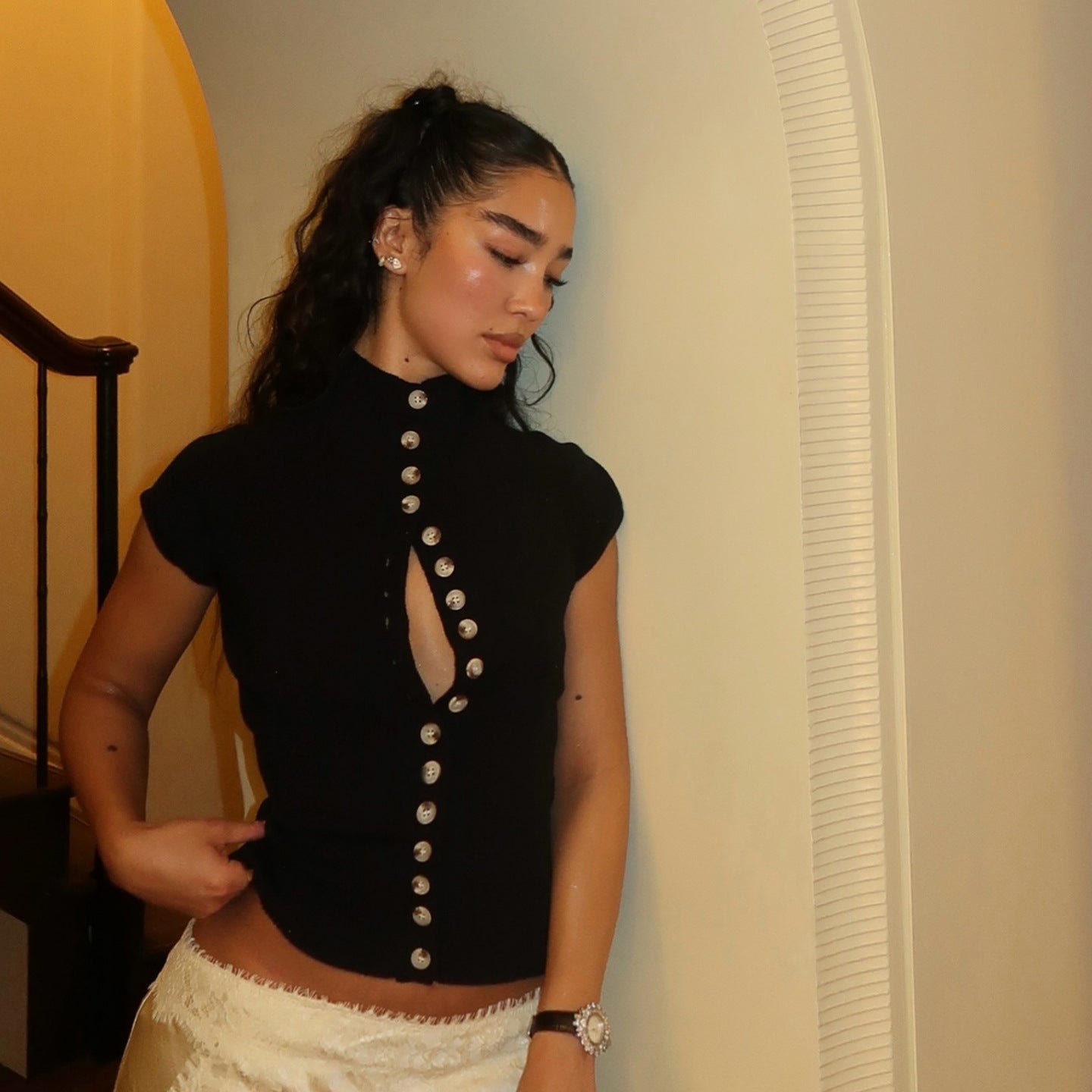 Damen Stehkragen Bluse mit Knopfleiste R&B