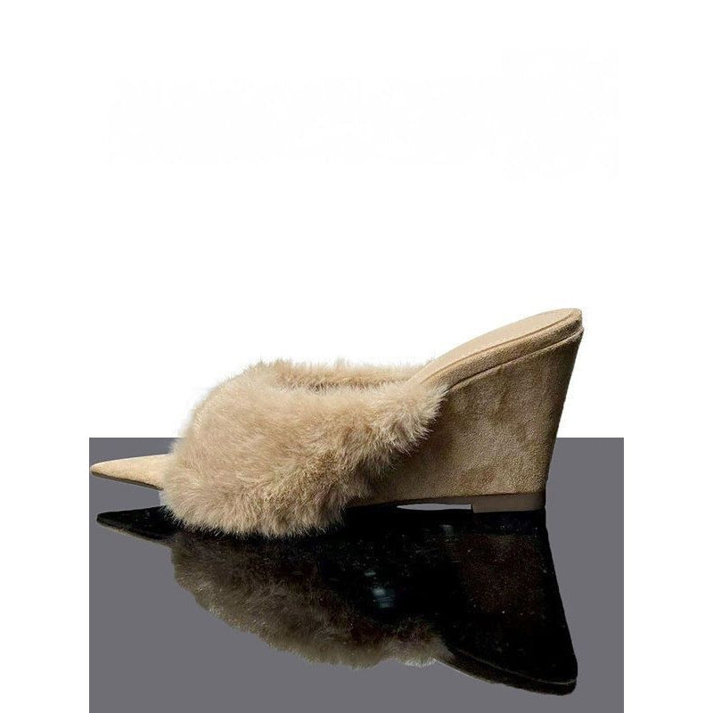 Damen elegante offene Mules mit flauschigem Besatz R&B