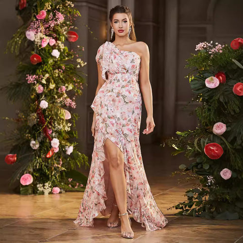 Damen Asymmetrisches Maxikleid mit floralen Akzenten und hohem Schlitz R&B