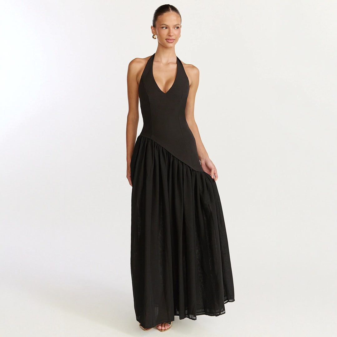 Damen Maxikleid mit tiefem V-Ausschnitt und asymmetrischem Rock R&B