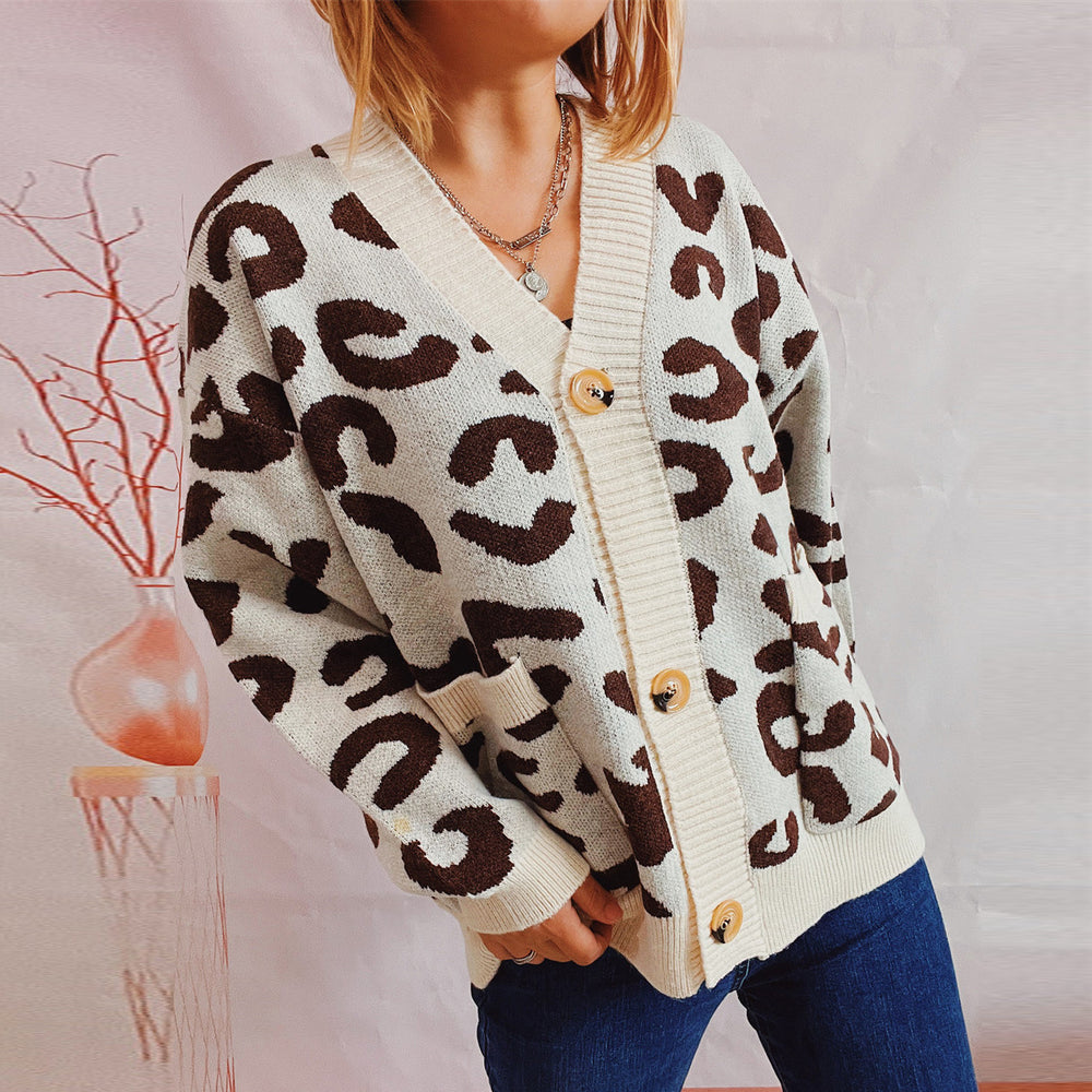 Damen grob gestrickte Cardigan mit tierischem Leopardenmuster und Knopfdetails R&B