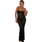 Damen Elegantes langes Spitzenkleid mit verführerischem Schlitz und Spaghettiträgern R&B