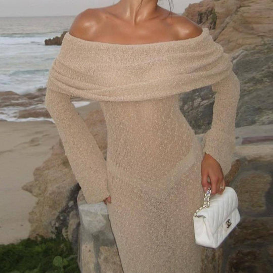 Damen Off-Shoulder Maxikleid mit langem Arm und elegantem Stoff R&B