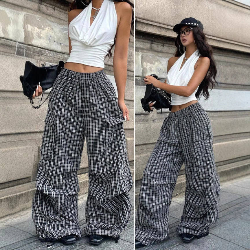 Damen Karierte Cargo-Hose mit niedrigem Schritt und praktischen Taschen R&B