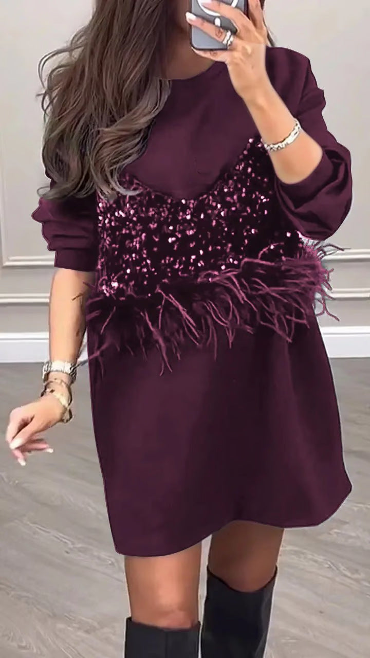 Damen nan Sweat-Minikleid mit Pailletten-Bustier und Federbesatz R&B