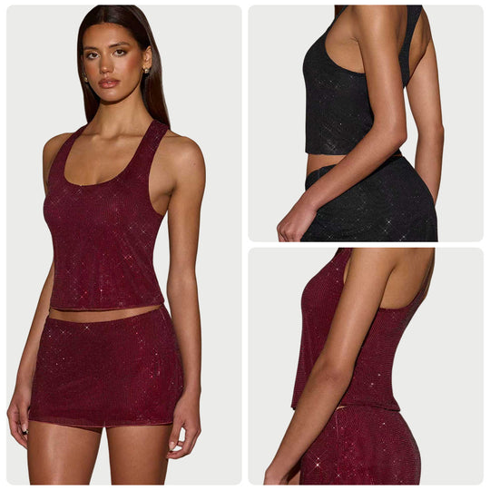 Damen Glitzerndes Sport-Set mit ärmellosem Oberteil und kurzem Rock R&B