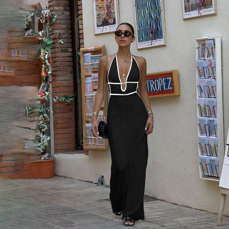 Damen Strick Maxikleid mit tiefem V-Ausschnitt und Bindebändern R&B