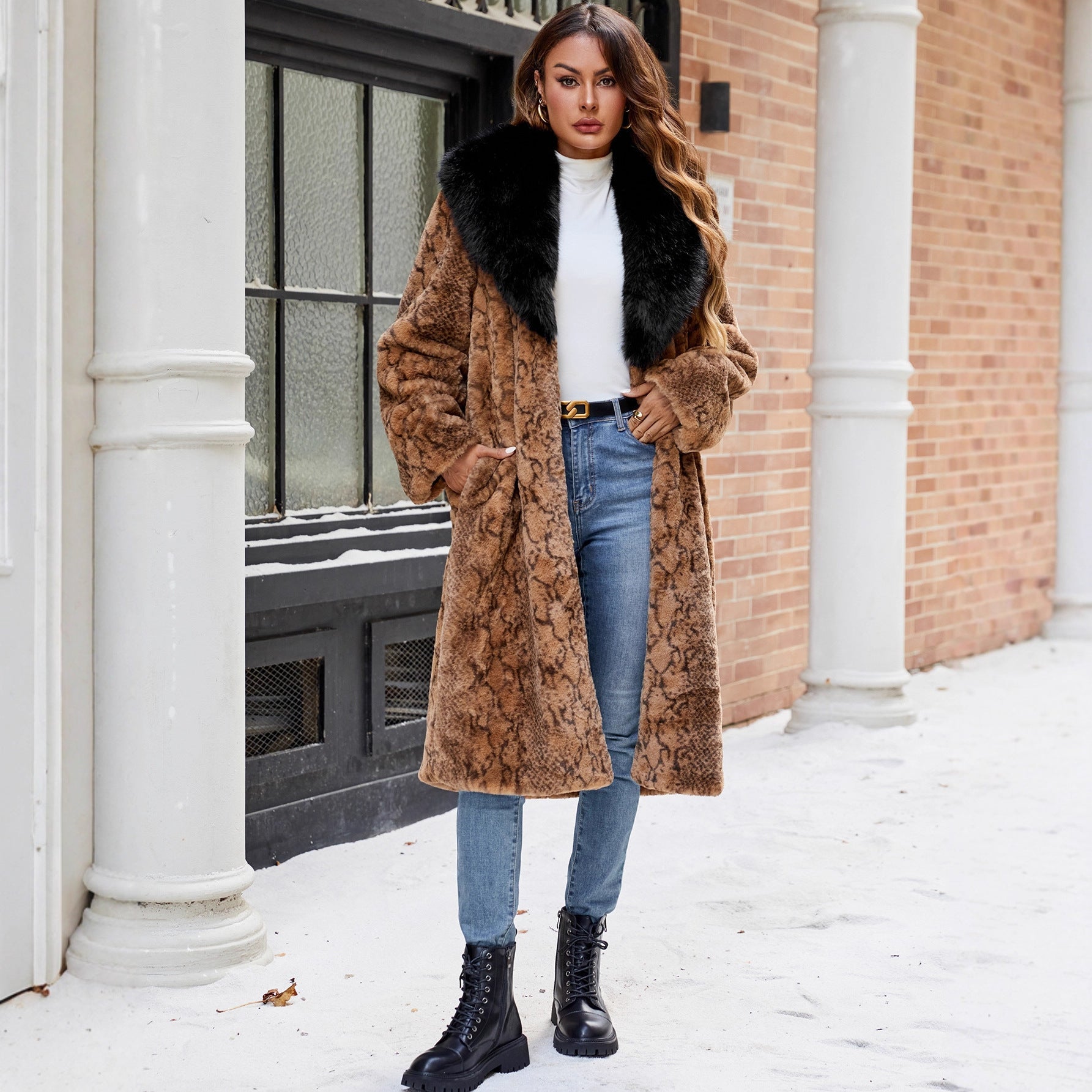 Damen Eleganter Kunstpelzmantel mit breitem Kragen R&B
