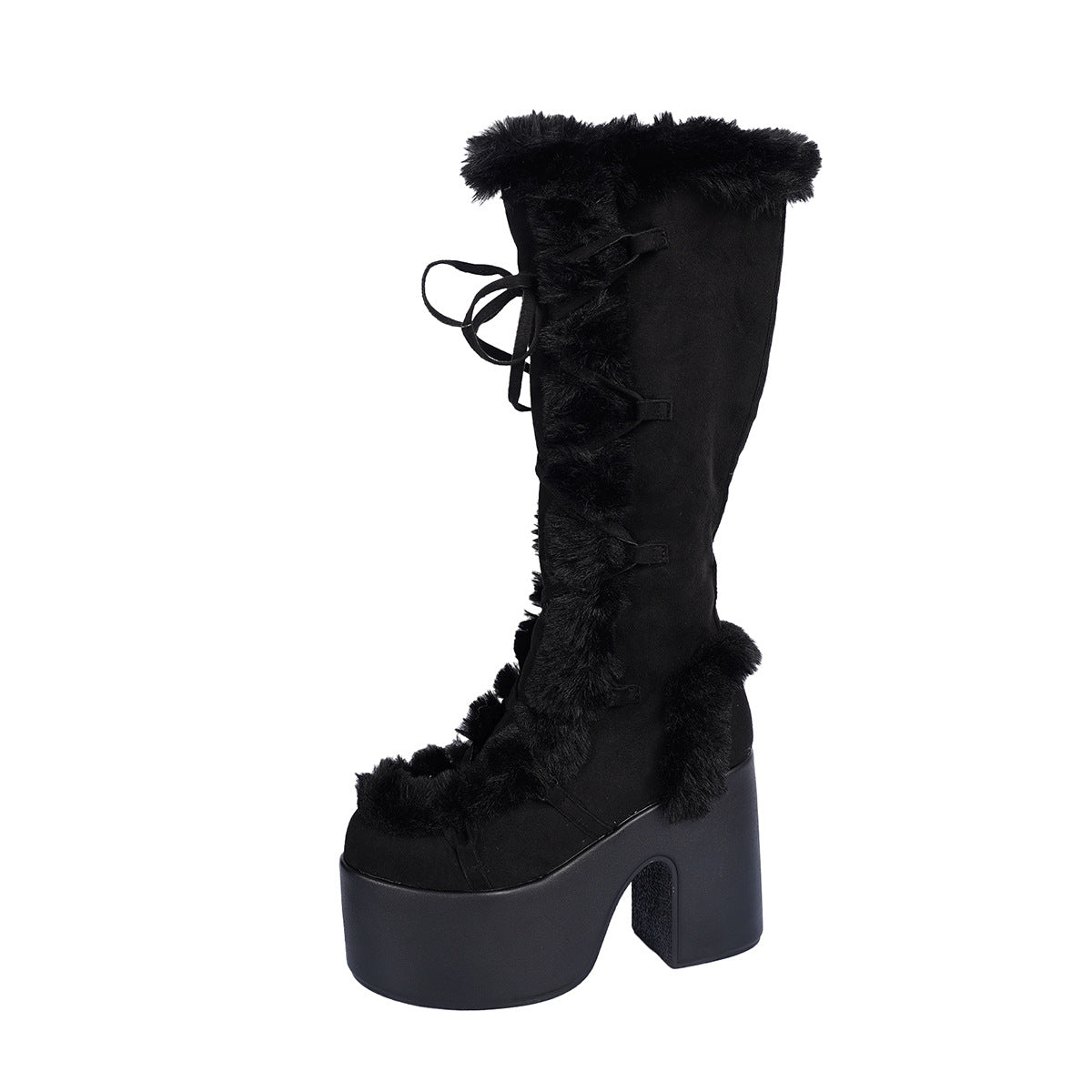 Damen Hohe Plateau Stiefel mit kuscheligem Kunstfell und modischem Schnürdesign R&B