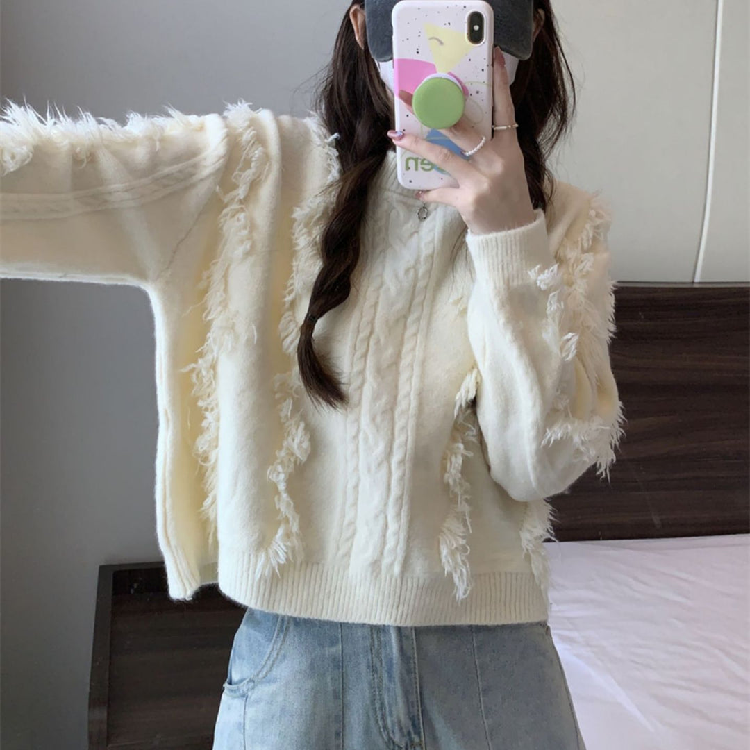 Damen Grobstrickpullover mit fransigen Details und lässigem Schnitt R&B