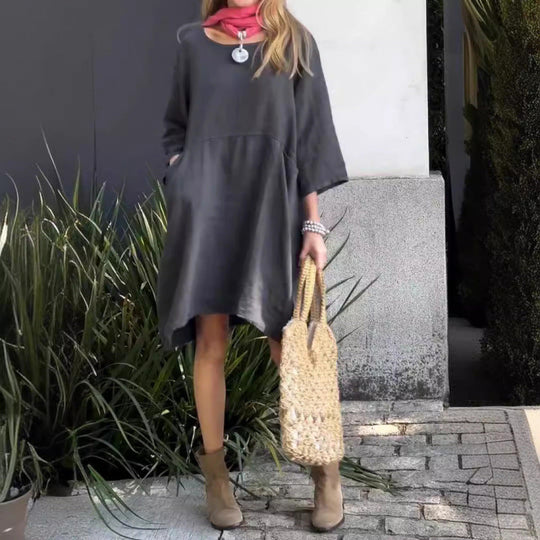 R&B | Lässiges einfarbiges Kleid aus Baumwolle mit Taschen