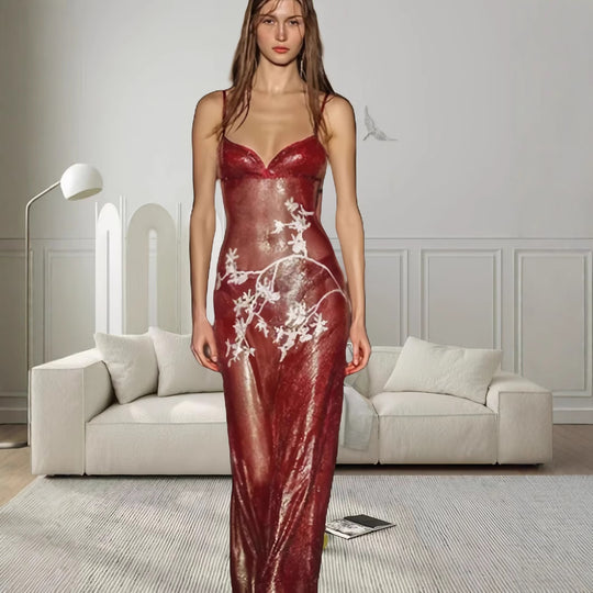 Damen elegantes V-Ausschnitt Abendkleid mit floralem Stickmuster und schmalem Schnitt R&B