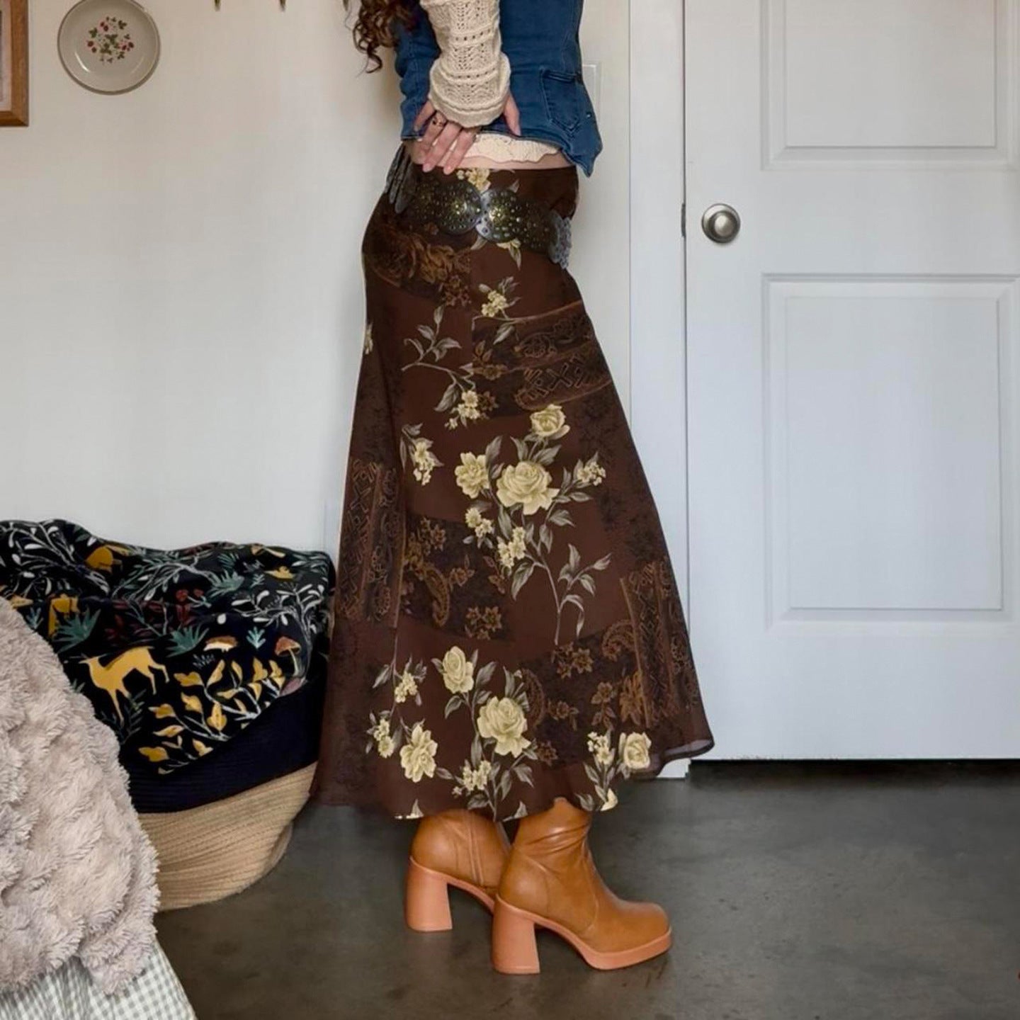 Damen Maxi-Rock mit floralem Design und transparenter Chiffon-Überlage R&B
