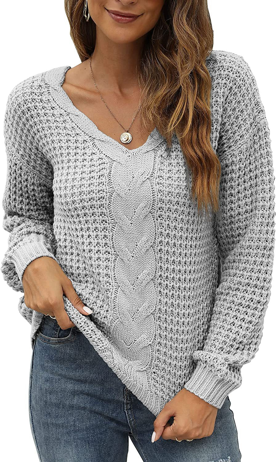 Damen lässiger Strickpullover mit tiefem V-Ausschnitt und detailliertem Zopfmuster R&B