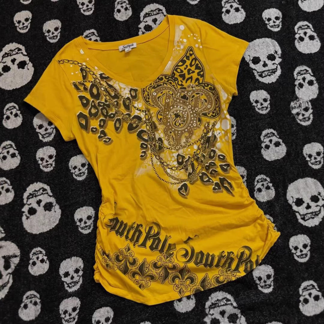 Damen T-Shirt mit dekorativem Grafikdruck und Raffung R&B