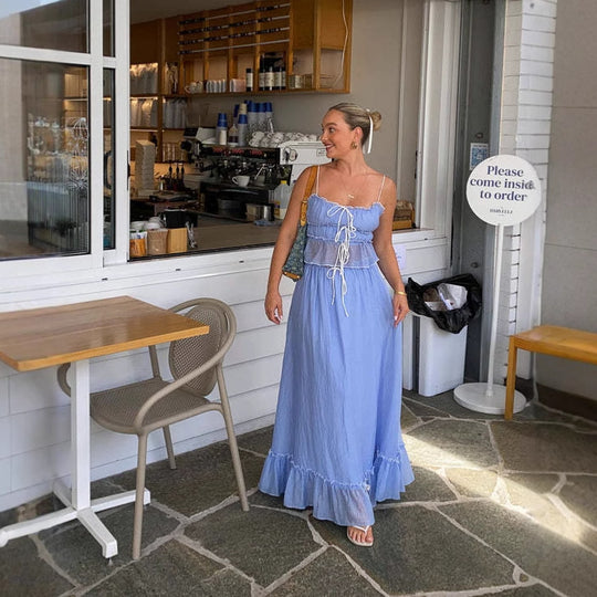 Damen Maxikleid mit verspieltem Rüschensaum und praktischen Bindebändern R&B